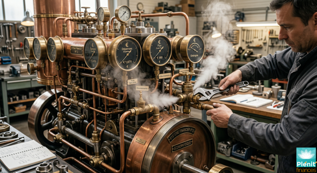 Illustration conceptuelle de l'éconophysique montrant un moteur budgétaire optimisé pour réduire l'entropie et les fuites financières.