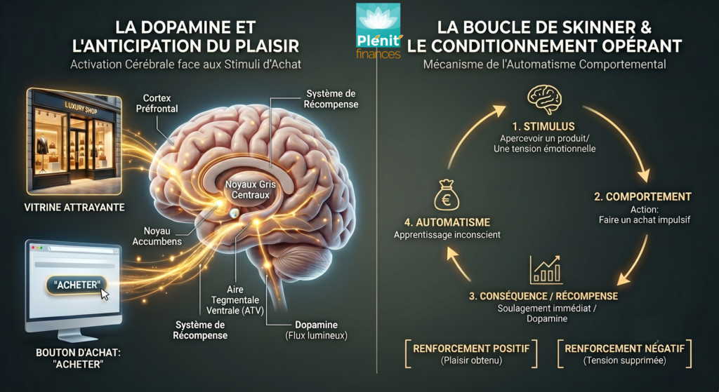 Schéma de la psychologie de l'argent : le mécanisme de la dopamine et du conditionnement de Skinner appliqué aux dépenses impulsives.
