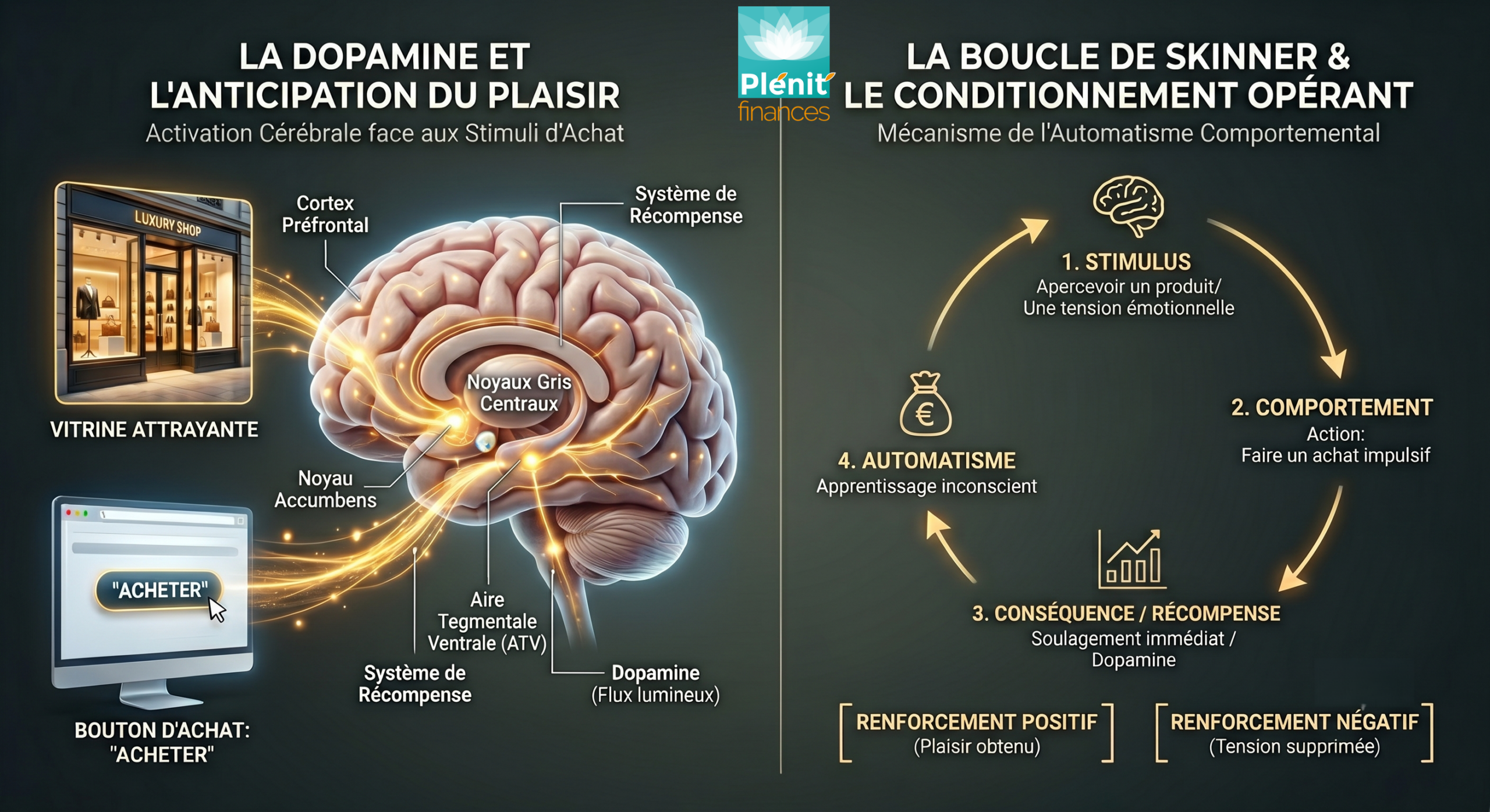 Schéma de la psychologie de l'argent : le mécanisme de la dopamine et du conditionnement de Skinner appliqué aux dépenses impulsives.