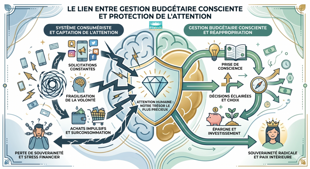 Infographie montrant le lien entre la gestion budgétaire consciente et la protection de l'attention humaine contre le système consumériste. 