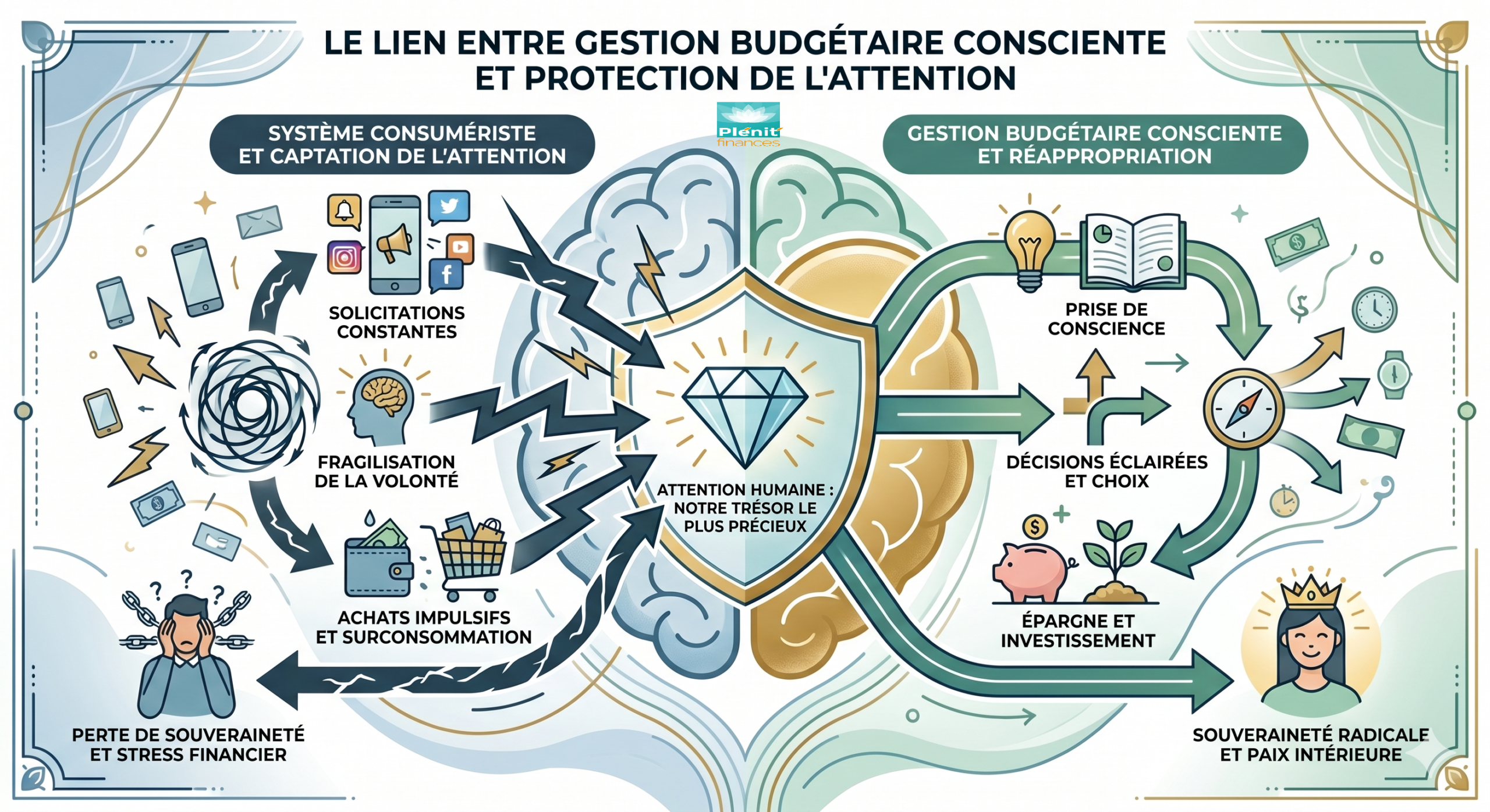 Infographie montrant le lien entre la gestion budgétaire consciente et la protection de l'attention humaine contre le système consumériste.