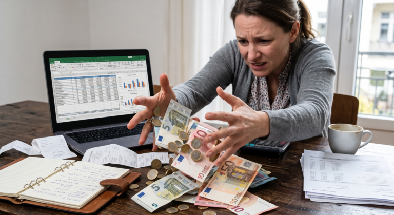 Illustration conceptuelle de l'illusion de contrôle financier montrant de l'argent qui glisse entre des mains serrées sur fond de tableau budgétaire.