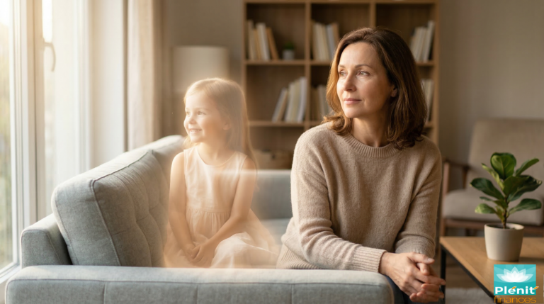 Illustration symbolique de la connexion entre un adulte et son enfant intérieur pour une meilleure gestion émotionnelle.