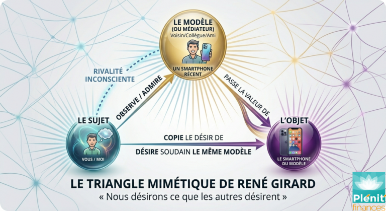 Schéma du triangle du désir mimétique de René Girard appliqué au budget, montrant les interactions inconscientes entre le Sujet, le Modèle (le voisin) et l'Objet d'achat.