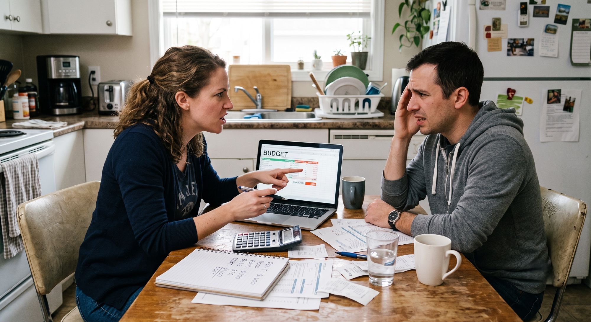 Un couple en pleine dispute tendue autour de documents budgétaires et de factures sur la table de la cuisine.